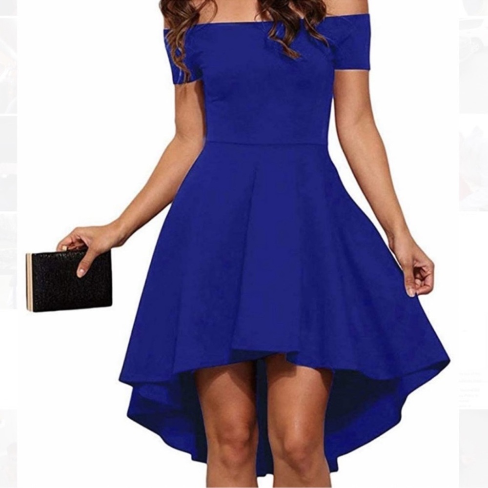 Royal blue off the shoulder high low fit and flare dress